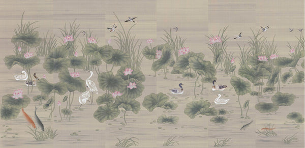 Lotus pond, custom handpainted silk wallpaper