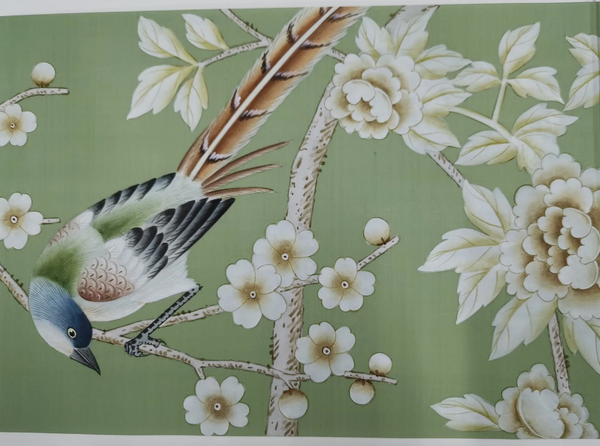 handpainted Chinoiserie silk wallpaper sample, Emerald green 02#