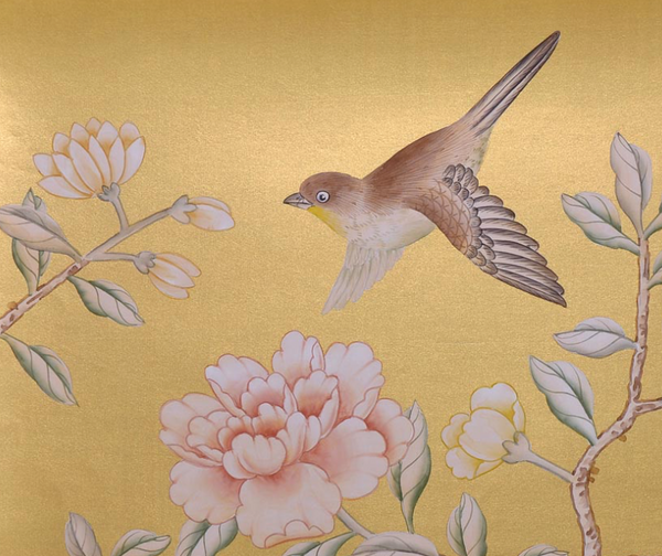 hand-painted chinoiserie wallpaper sample, Metallic Silk MSL-03#