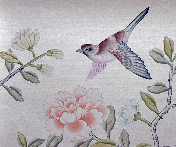 hand-painted chinoiserie wallpaper sample, Metallic Silk MSL-02#