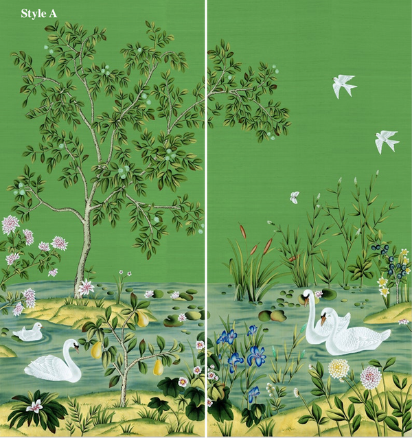 30" *60"/panel , Lake and Swan, Emerald Green Chinoiserie Panels,, Wall Art, Wall Decor, Wall Hanging , Swan, -prints art