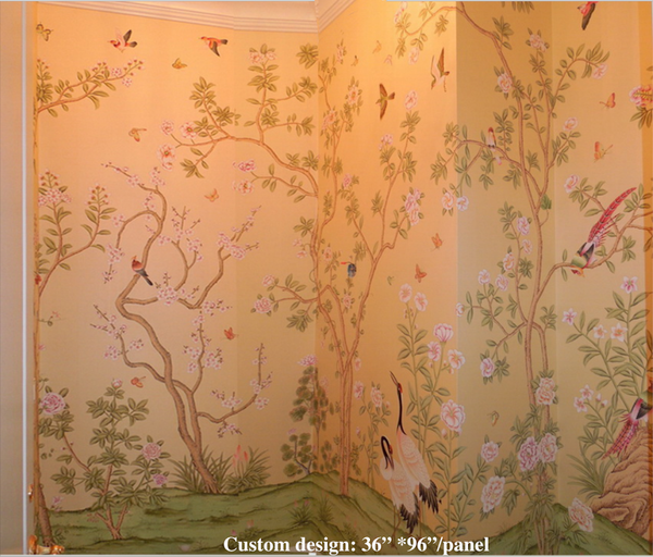 100% Custom Design  Fairland, bespoke hand-painted  birds and flowers wallpaper