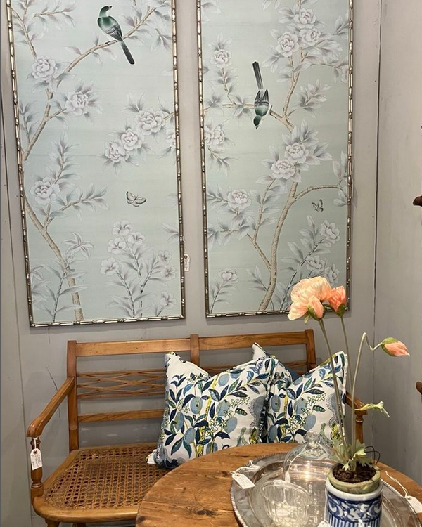 20" by 60"---A set of 3 panels--- wall artwork--- unframed Chinoiserie Handpainted Artwork on Celadon Green wallpaper, no frame