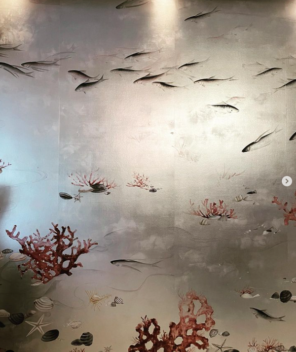 Sea Fish, Corals, turtles, underwater world, children's room wallpaper, hand-painted wallpaper, panoramic customization On Silver Metallic
