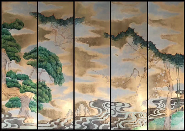 Japanese Garden Hand painted Wallpapers on antiqued gold metallic 36"x96"/panel