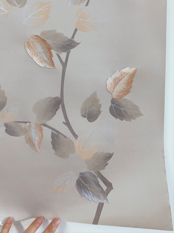 Leaves, handpainted and embroidery Chinoiserie wallpaper on silk wallpaper-Silver grey 13#