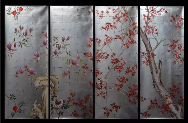 Japanese Garden Hand painted Wallpapers on antiqued metallic