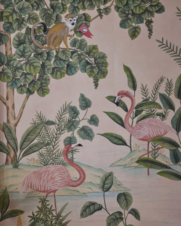 36" *96', Romantic Garen ,  Monkey,  flamingo , palm tree, chinoiserie wallpaper, custom ground color available
