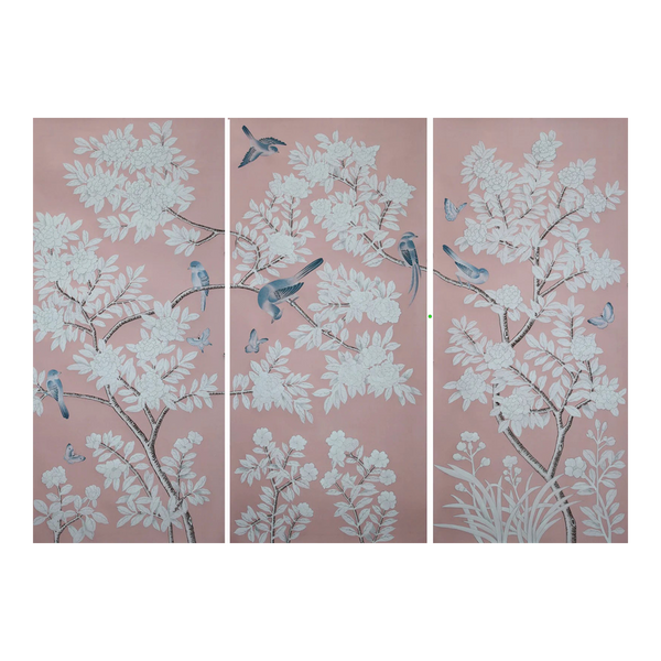 A set of 3  unframed chinoiserie silk wallpaper