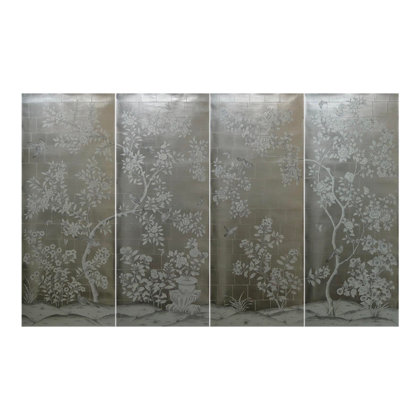 Chinoiserie Mural Hand Painted Wallpaper on Silver Metallic Panel