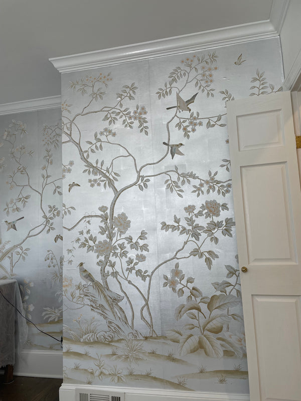 Hand-painted chinoiserie wallpaper, custom size available