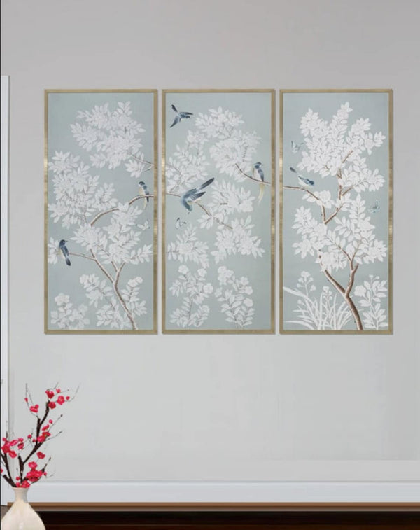 24" *53"--A set of 3 panels----Handpainted Triptych----Unframed hand-painted Chinoiserie panels
