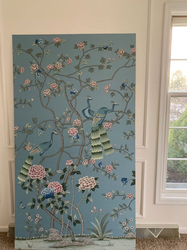 Peacock and Peony Chinoiserie Handpainted Artwork on Blue Slub Silk  ( no frame)