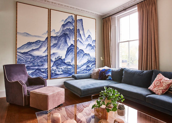 A Thousand Li of Rivers and Mountains' design, -hand-painted in Delft design colours on White silk ( no frame)