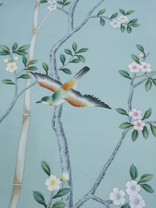 36" *96'/ panel, Chinoiserie birds and flowers on duck egg blue silk paper