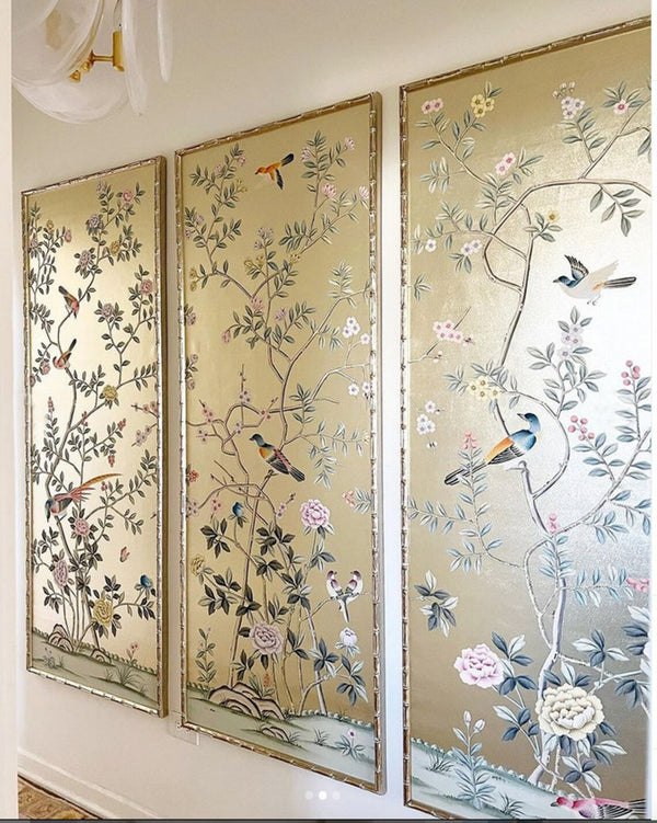 26" x 68" Chinoiserie Handpainted Artwork on Champagne Metallic Leaf -hand-painted chinoiserie panels ( no frame)