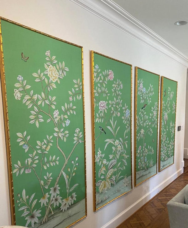 36" *72". Emerald Green Chinoiserie Handpainted silk wallpaper