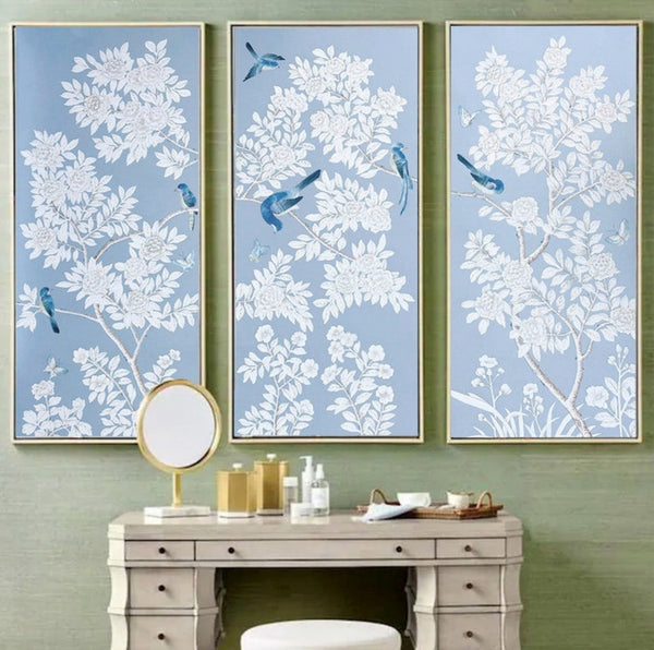24"* 53", chinoiserie panels ,Triptych hand-painted chinoiserie panels, Wall art, wall decor ( no frame), French Blue 240#