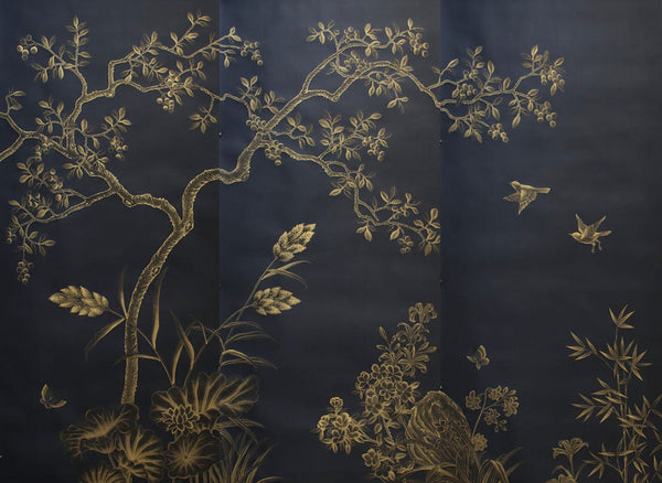 Black and gold chinoiserie walpaper, Handpainted silk wallpaper, custom size and design available to interior designer
