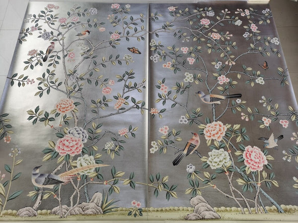 36" x 60" Chinoiserie Handpainted Artwork on silver leaf, shipping immidiately