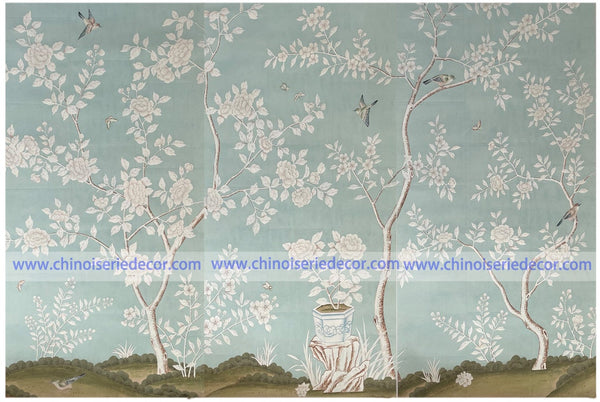 3' x 6' --Chinoiserie handpainting on Celadon Green india tea wallpaper----Sample in stock for shipping immediatly