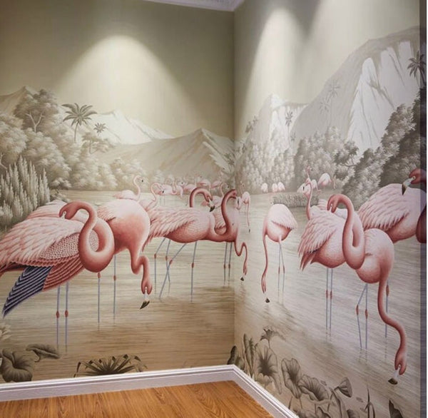 Flamingo mural Hand painted panoramic Wallpapers,  Custom Sizes available