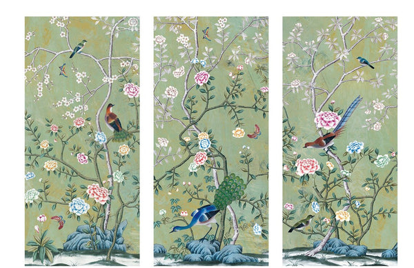 24" *48" / 24" *53", Vintage Chinoiserie Floral, Chinoiserie Green Panels, Set of 3, Wall Art, Wall Decor, Wall Decal, Wall Hanging - Birds Garden