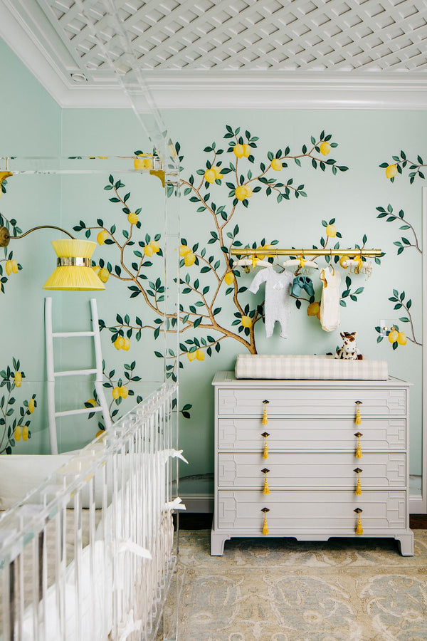 Lemon, handmade wallpaper, Lemon tree and butterflies---Custom design to fit the wall size, list price for 1 panel