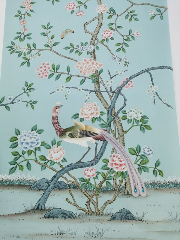 Hand Embroidered Silk Wallpaper on Duckegg Silk paper