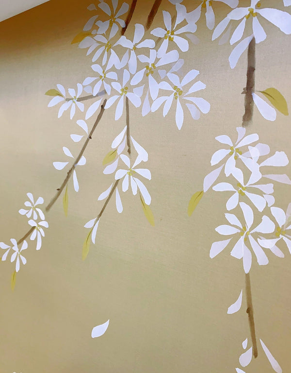 Cherry branches in the Breeze, handpainted Chinoiserie wallpaper on silk wallpaper