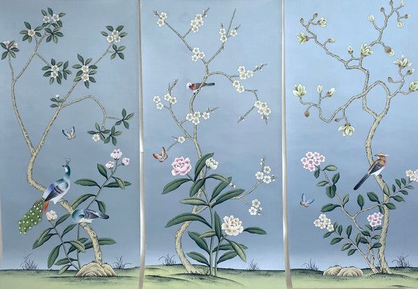 24"* 48", chinoiserie panels ,Triptych hand-painted chinoiserie panels, Wall art, wall decor ( no frame), French Blue 240#
