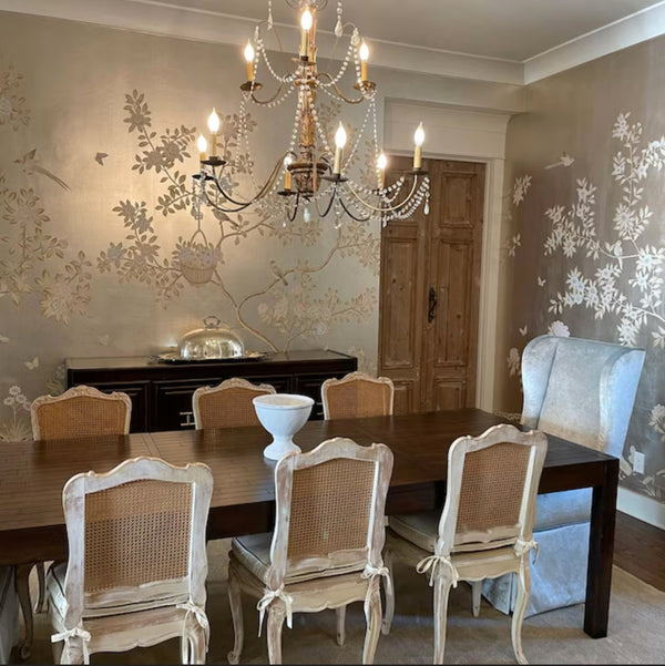 Handpainted Chinoiserie metal wallpaper sample and wallpaper