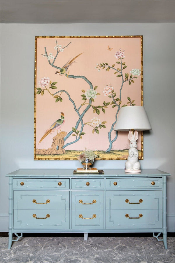 30" x 30" , Chinoiserie Hand-painted Artwork on Pink Spun Silk ( No Frame), shipping immediately