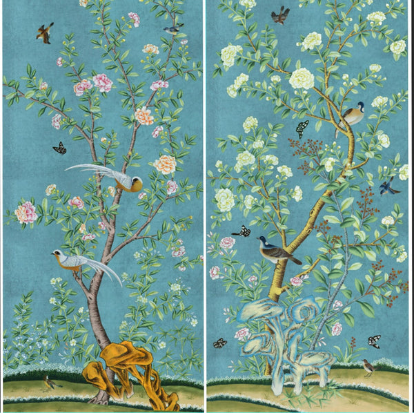 Vintage Chinoiserie Floral, Chinoiserie Green Panels, Set of 2, Wall Art, Wall Decor, Wall Decal, Wall Hanging - Birds Garden