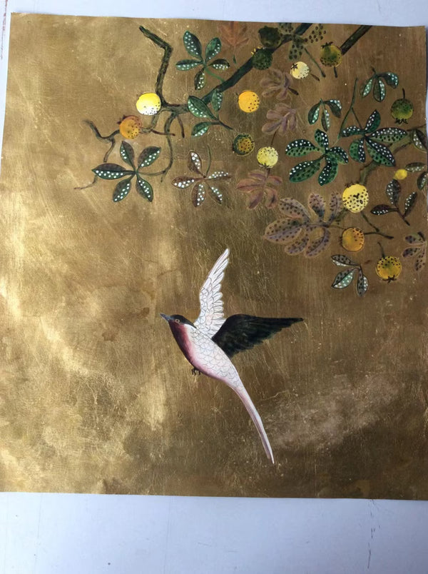 Japanese style pattern on Deep Rich Gold gilded paper, Custom design to fit the wall size