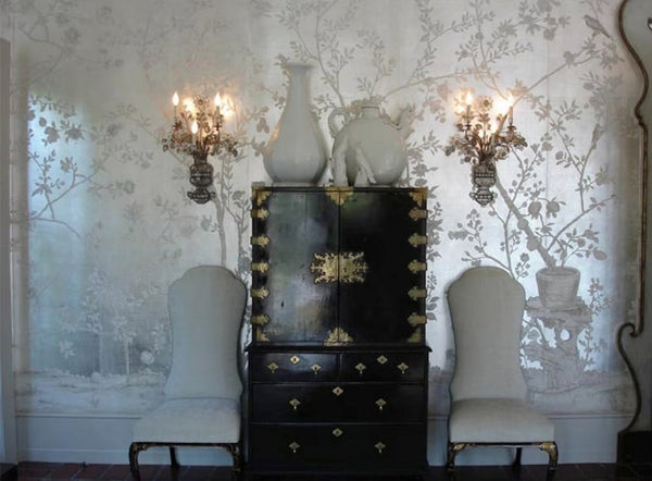 Fragrance Garden on Silver Metallic Leaf Hand-painted metallic wallpaper