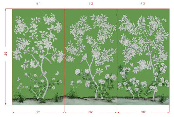 36" *60", Chinoiserie Handpainted Artwork on Emerald Green Silk/ Champagne Gilded Paper