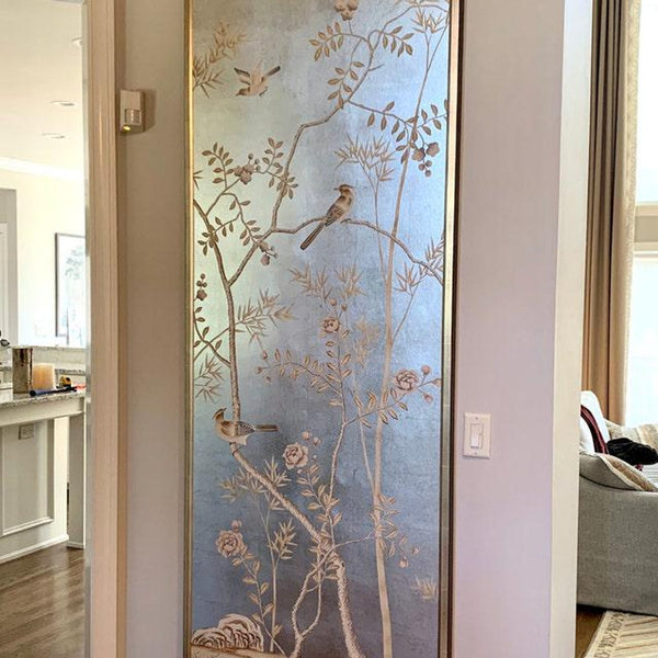 Chinoiserie Handpainted Artwork on Silver Metallic Leal