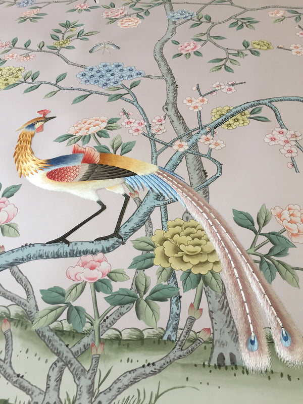 Hand Embroidered Silk Wallpaper on Duckegg Silk paper/ Pink silk wallpaper