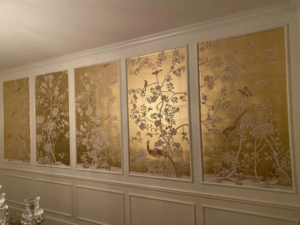 Chinoiserie wallpaper, hand painted gold metallic wallpaper - Chinoiserie hand painted wallpaper on gold