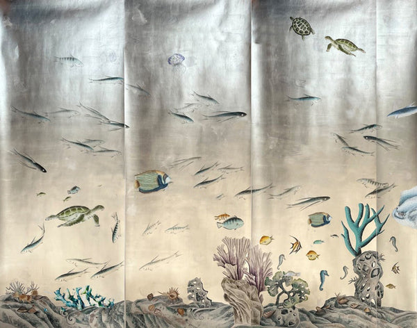 Sea Fish, Corals, turtles, underwater world, children's room wallpaper, hand-painted wallpaper, panoramic customization On Silver Metallic