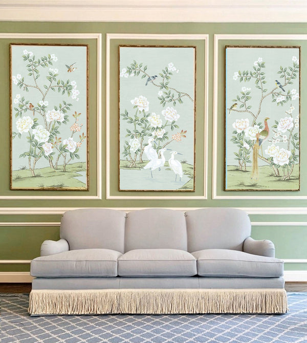 24"*H48", aqua green Chinoiserie Panels, Set of 3, Wall Art, Wall Decor, Wall Hanging - Colourful Peonies, shipping immediately