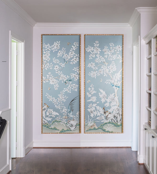 28" *72" Franch blue, hand-painted chinoiserie wall artwork, chinoiserie artwork -- (no frame), French blue 240#, shipping immediately