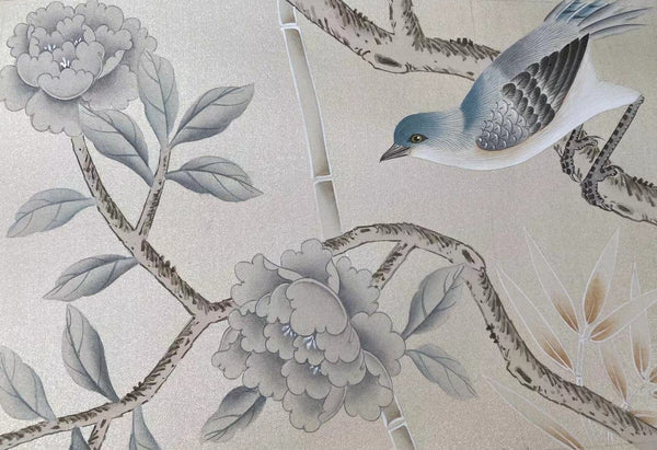 hand-painted chinoiserie wallpaper sample, Metallic Silk MSL-01#