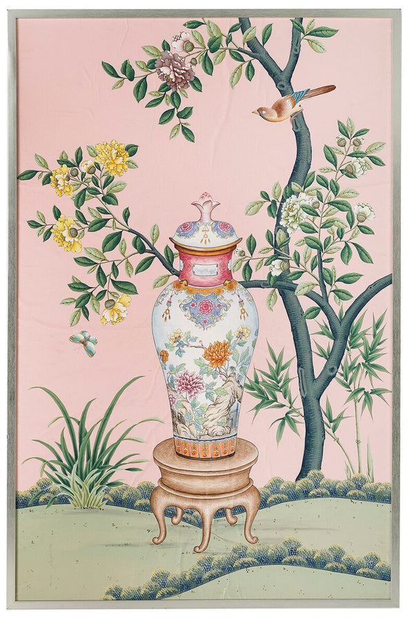 Vase, pink flower and bird decorations pink floral art prints / chinoiserie wall panel / art print / bird print / botanical art