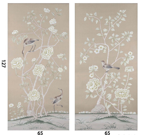 24" * 48" --  A set of 2 Chinoiserie  hand-painted silk panel, Stone Ochre chinoiserie artwork, shipping immediately