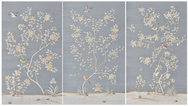 Hand painted Chinoiserie wallpaper on blue tea paper
