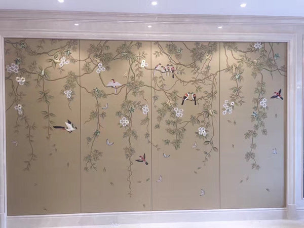 Birds and Vines: Chinoiserie panels with Partial Hand Embroidery