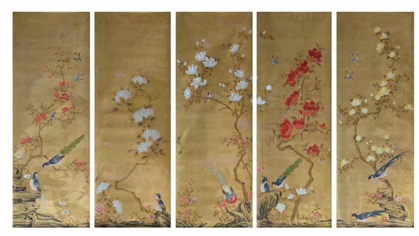Japanese Garden Hand painted Wallpapers on antiqued metallic