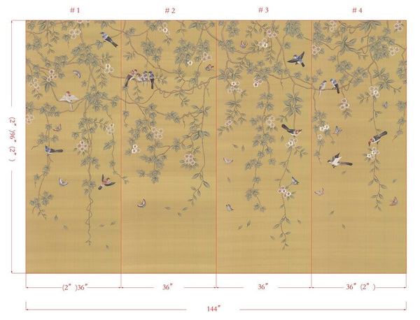 Birds and Vines: Chinoiserie panels with Partial Hand Embroidery